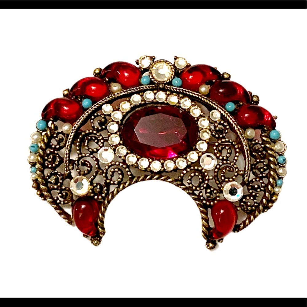 Signed Samsan Sa Crescent Brooch Ruby Turquoise R… - image 1